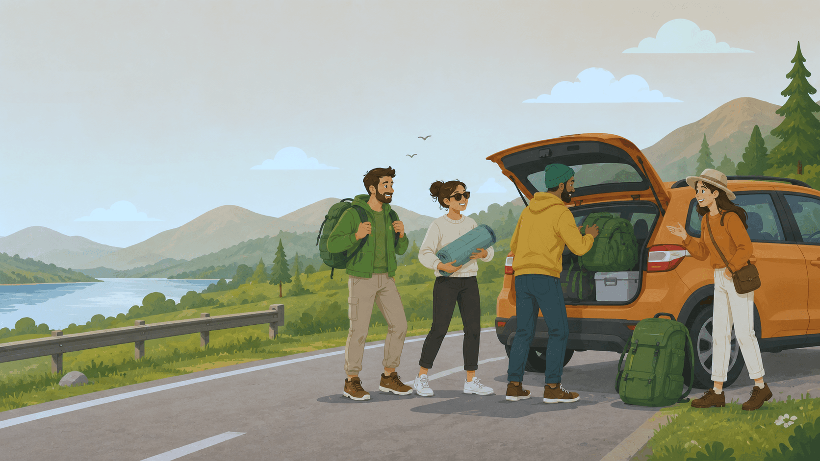 Grupo de amigos frente a un auto con equipaje mirando el atardecer sobre un lago y montañas