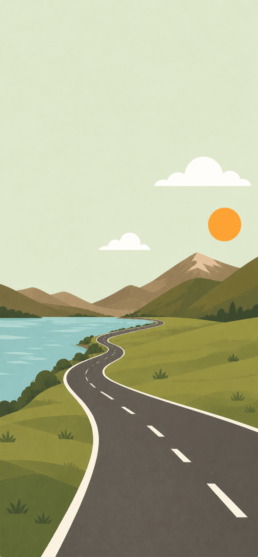 Ilustración de una ruta serpenteante con lago y montañas