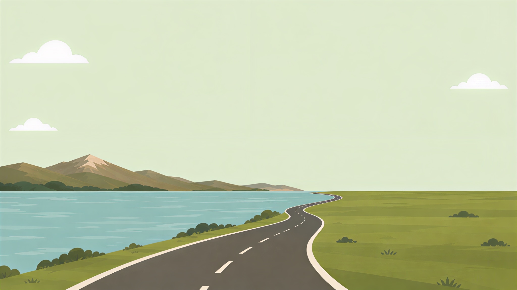 Ilustración de una ruta serpenteante junto a un lago con montañas al fondo